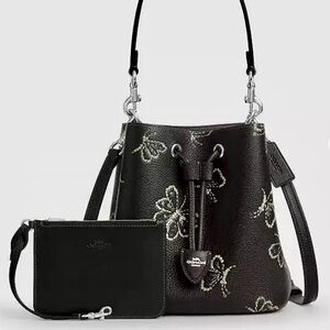 COACH Black Rowan Bucket Bag in Butterfly Print